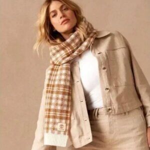 Timberland Scarf Houndstooth Plaid Knit Cozy Logo Checked Tan Cream Fall Winter